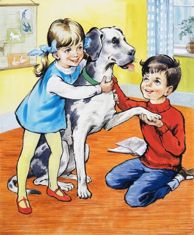 Girl and Boy with Dog by English School